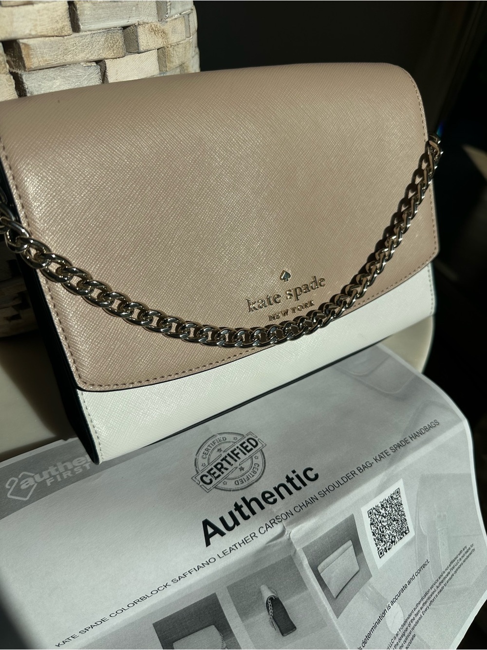 kate spade Two-Tone Leather Chain Shoulder Bag in Blush and White
